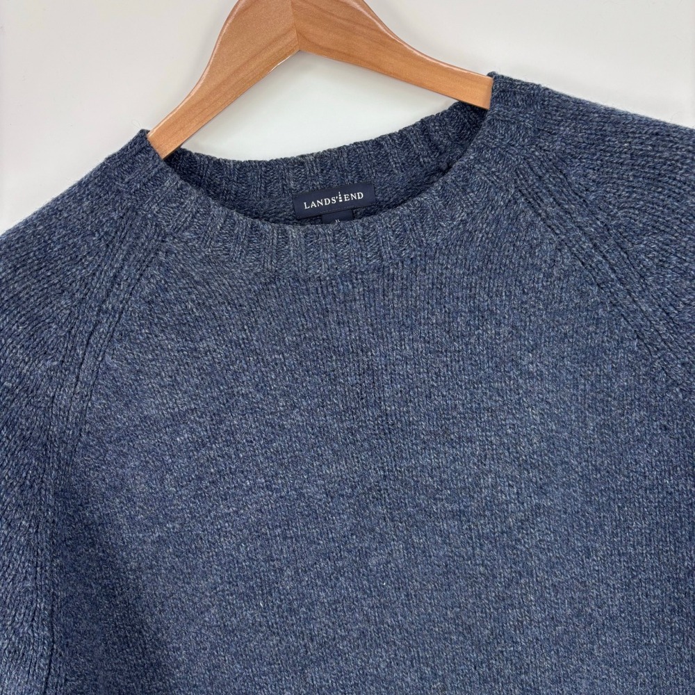 Lands End 100% Lambswool Crewneck Raglan Sweater Men XL Blue Knit Pullover